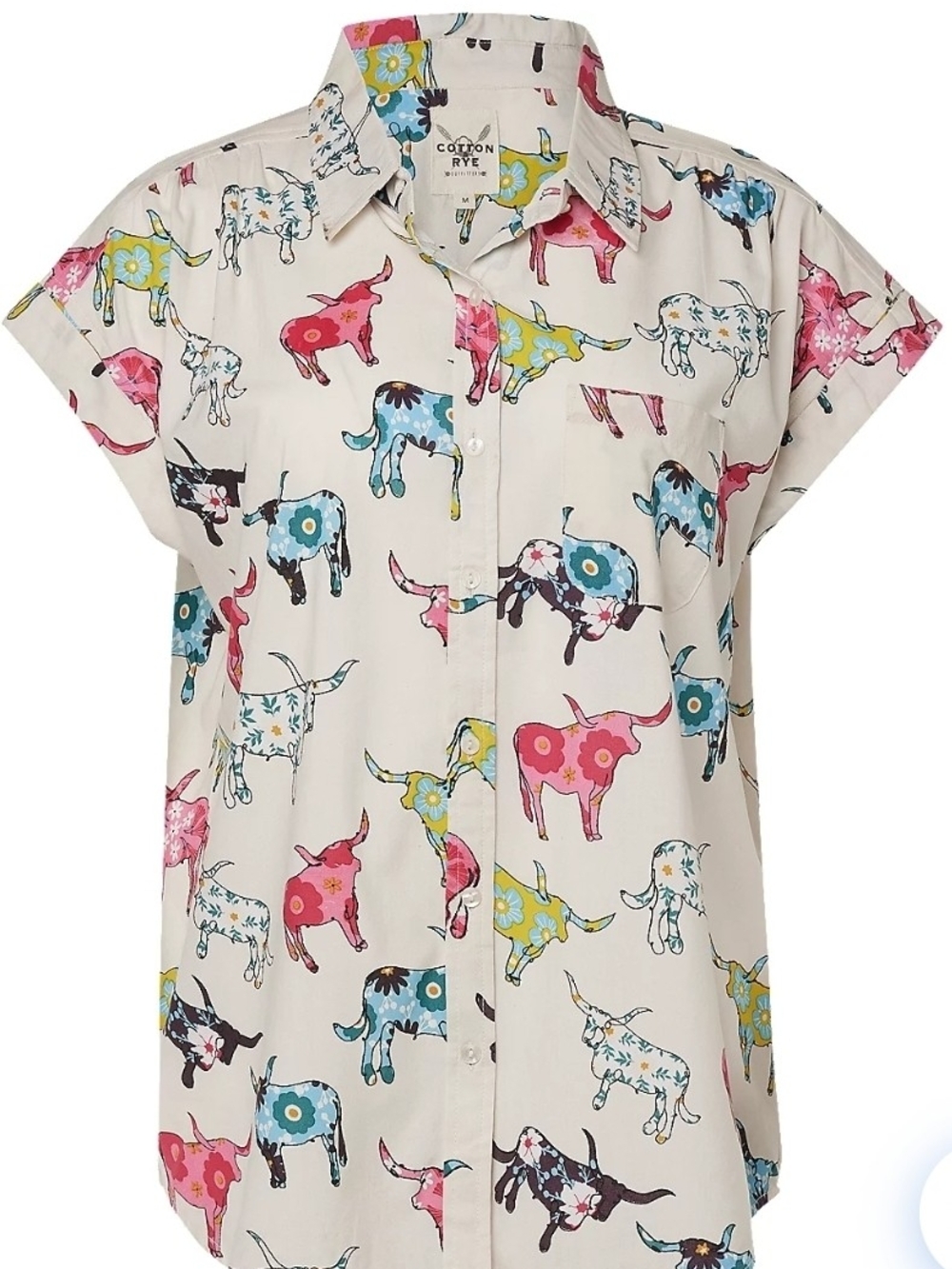 Cream Short-Sleeve Button-Up Top with Floral Cow Print